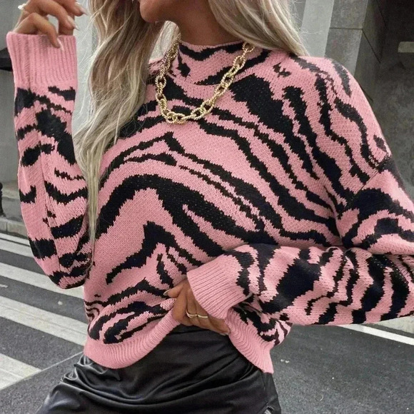 Multicolor Casual Women's Zebra Pattern Batwing Sleeve Pullover Sweater - Picture 4 of 7